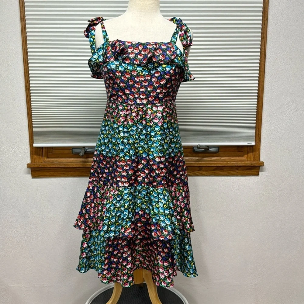 J. Crew Silk Blue Multi Color Floral Tiered Sleeveless Midi Dress Size 6